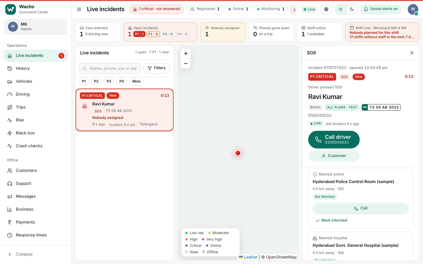 Live incidents: queue, map and the open SOS side by side (test data)
